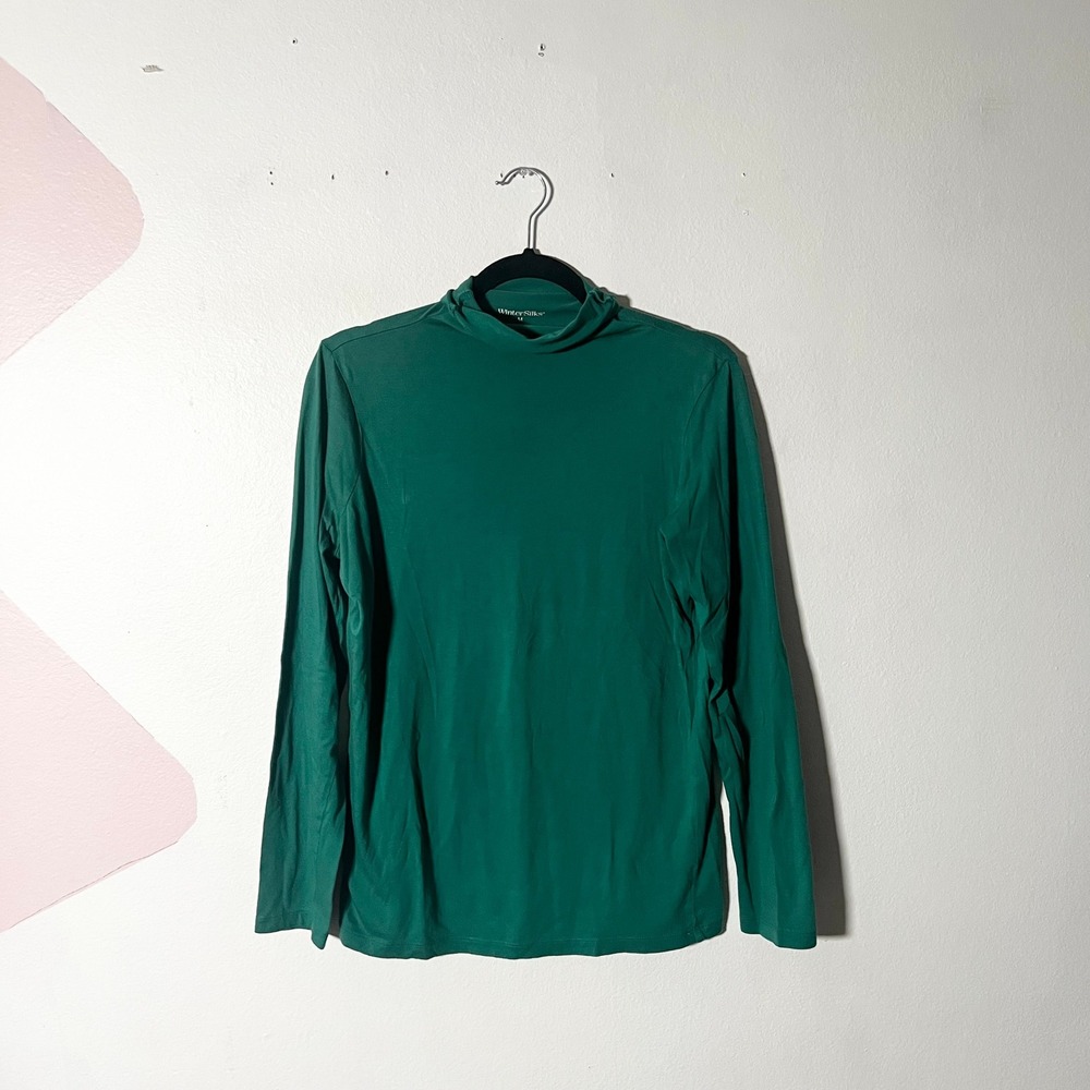 WinterSilks Top Women's Medium Green Modal Cotton Turtleneck Long Sleeve